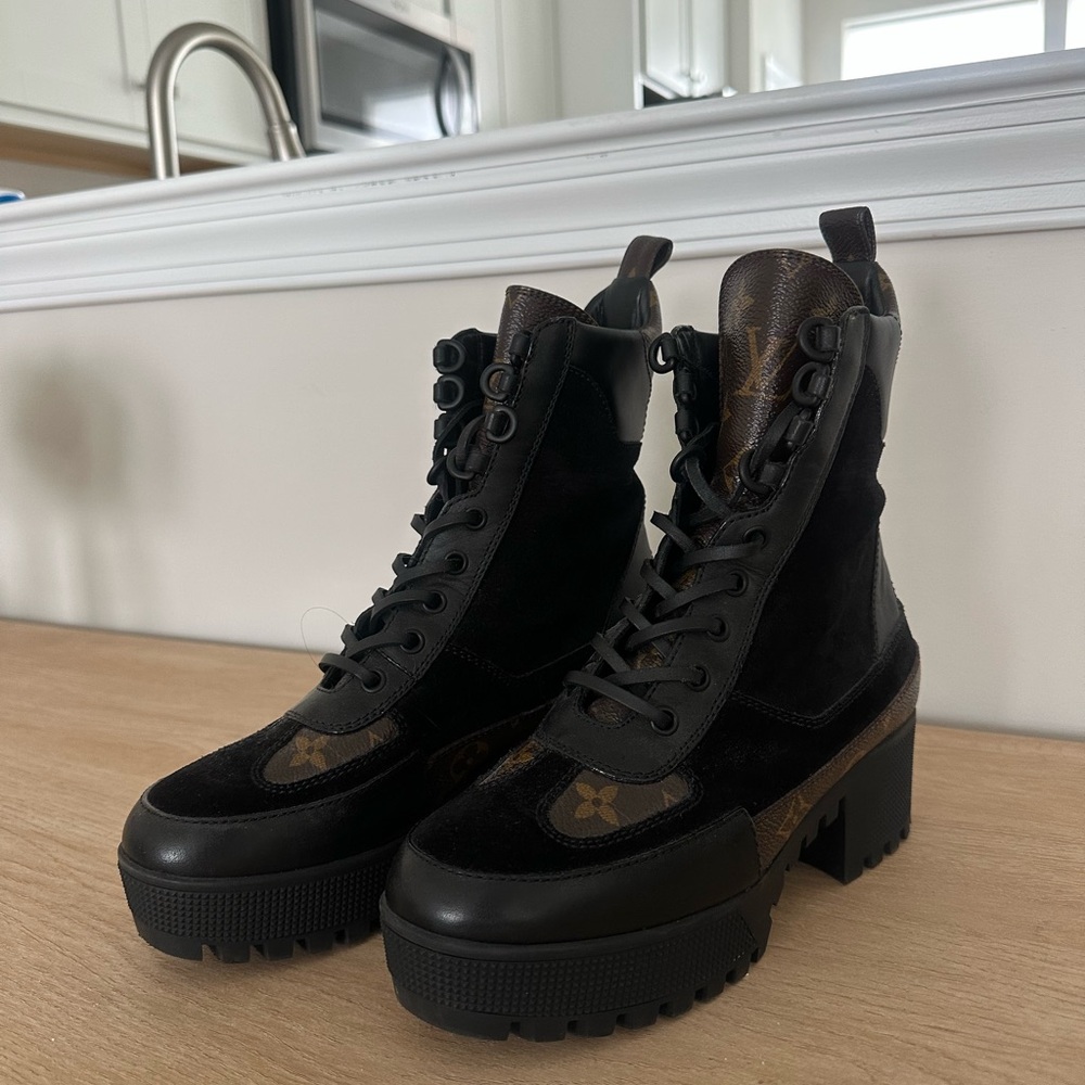 Louis Vuitton Black and Brown Lace Up combat Boots